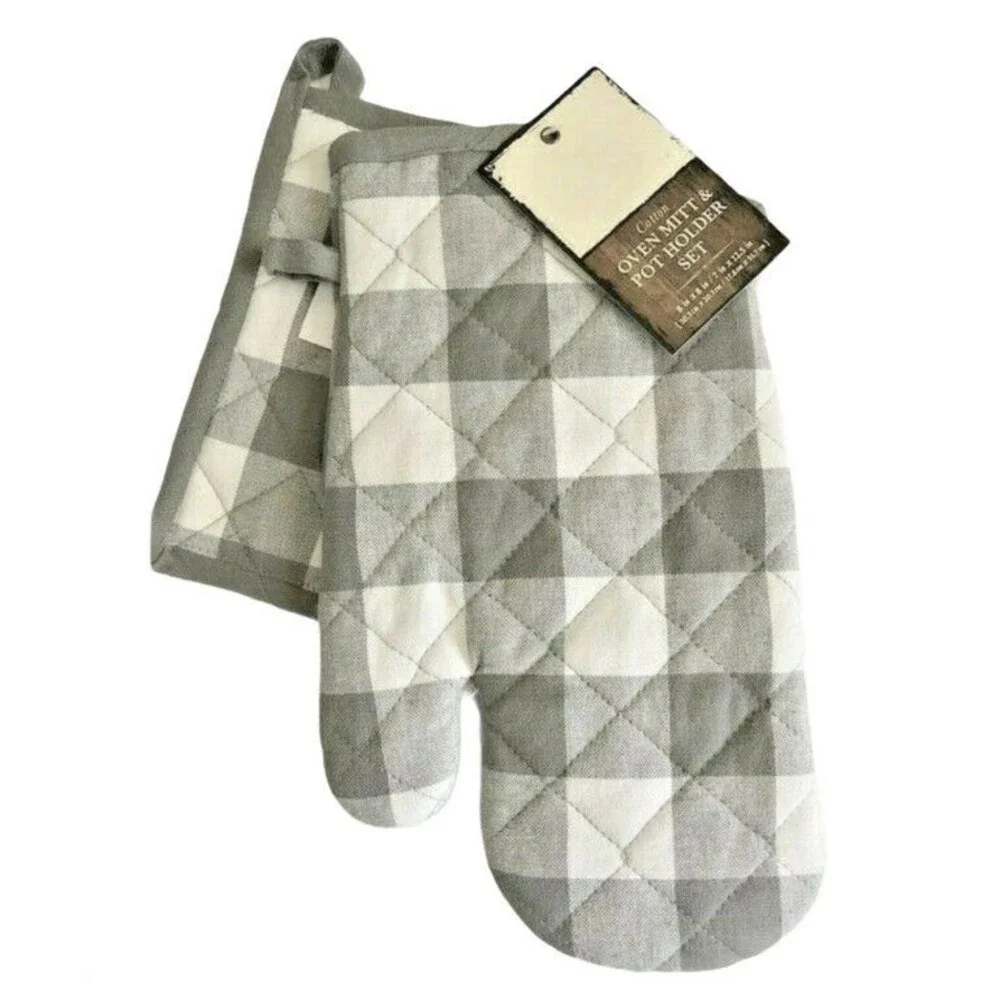 Grainhouse Potholder Oven Mitt Set Buffalo Check Plaid Country Gray White Set 2